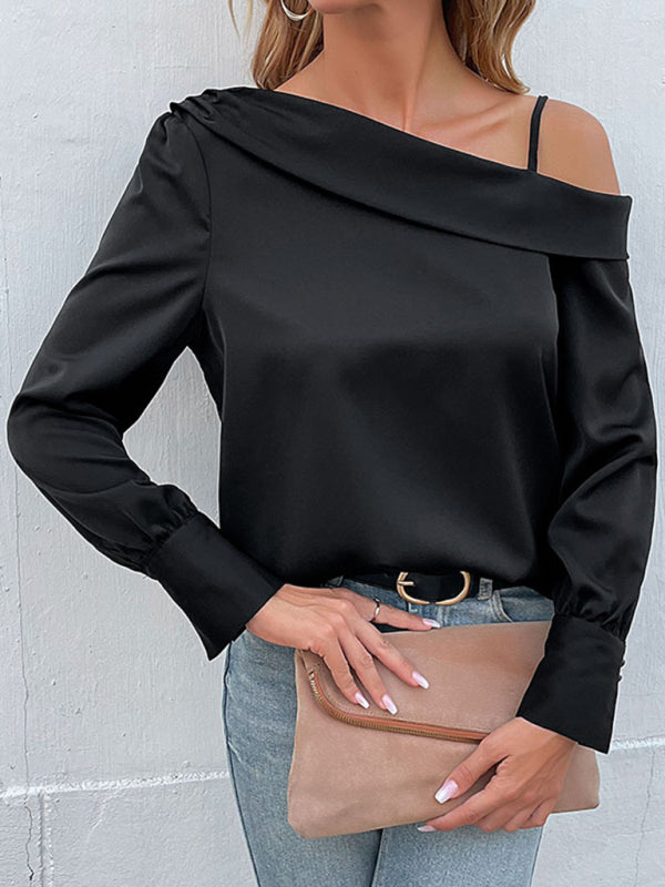 Women's Solid Color Cold Shoulder Stripe Long Sleeve Top