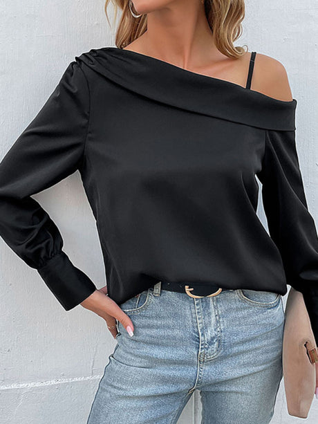 Women's Solid Color Cold Shoulder Stripe Long Sleeve Top