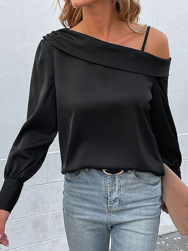 Women's Solid Color Cold Shoulder Stripe Long Sleeve Top