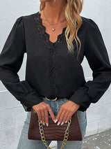 Women's Solid Color V-neck Long Sleeve Lace Trim Top