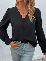 Women's Solid Color V-neck Long Sleeve Lace Trim Top
