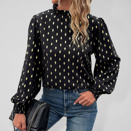 Women's Printed Ruffle Mock Neck Long Sleeve Top