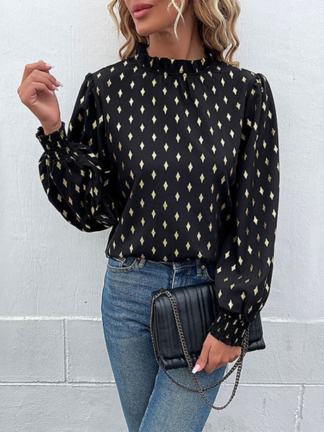 Women's Printed Ruffle Mock Neck Long Sleeve Top