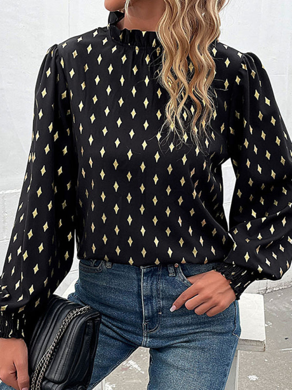 Women's Printed Ruffle Mock Neck Long Sleeve Top