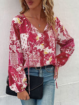 Women's Solid Color Tie Front Chiffon Peasant Blouse