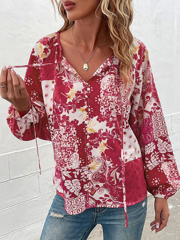 Women's Solid Color Tie Front Chiffon Peasant Blouse