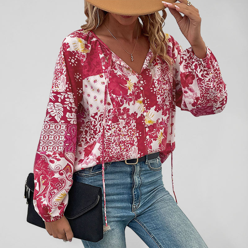 Women's Solid Color Tie Front Chiffon Peasant Blouse
