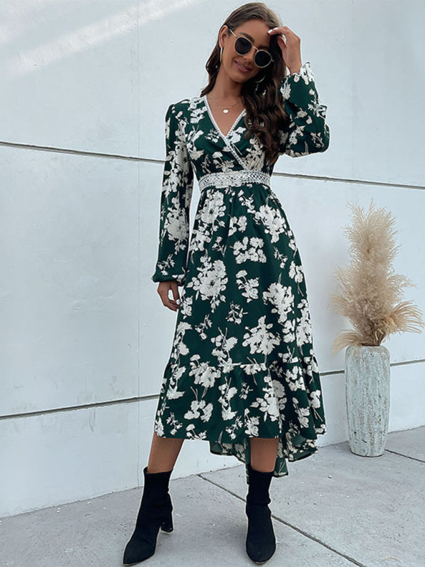 Women's Faux Wrap Lace Trim Floral Print Midi Dress