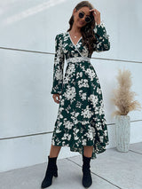 Women's Faux Wrap Lace Trim Floral Print Midi Dress