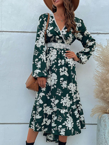 Women's Faux Wrap Lace Trim Floral Print Midi Dress