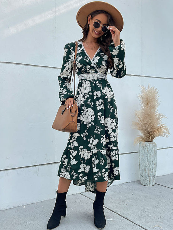 Women's Faux Wrap Lace Trim Floral Print Midi Dress