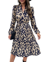 Women's Stand Collar Surplice V-neck Printed Waist Tie Midi Dress