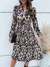 Women's Stand Collar Surplice V-neck Printed Waist Tie Midi Dress
