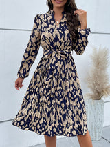 Women's Stand Collar Surplice V-neck Printed Waist Tie Midi Dress