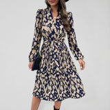Women's Stand Collar Surplice V-neck Printed Waist Tie Midi Dress