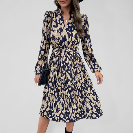 Women's Stand Collar Surplice V-neck Printed Waist Tie Midi Dress