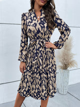 Women's Stand Collar Surplice V-neck Printed Waist Tie Midi Dress