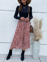 Women's Combo Color Mock-neck Ruffle Sleeve Printed Midi Dress