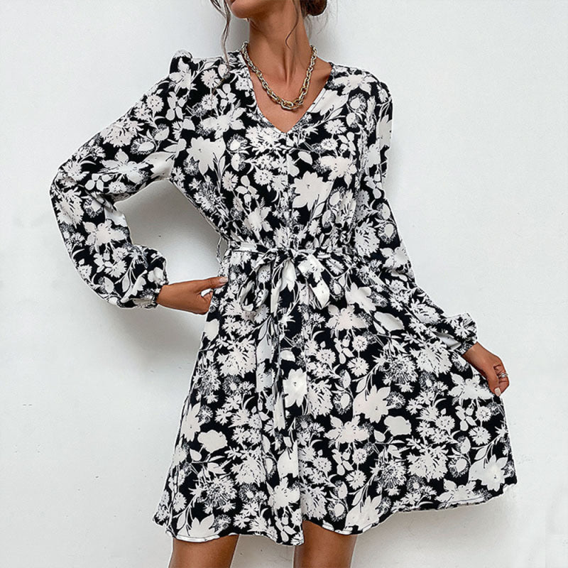 Women's Floral Print Long-sleeve Fit Waist Tie And Flare Dress