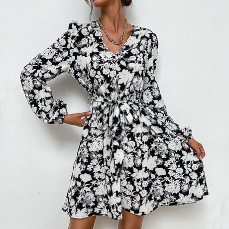 Women's Floral Print Long-sleeve Fit Waist Tie And Flare Dress