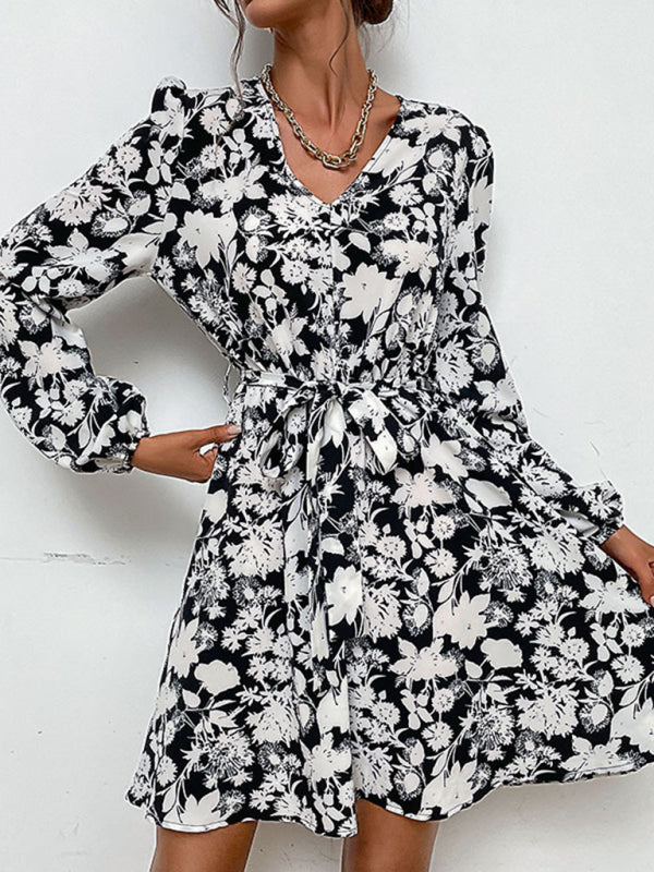 Women's Floral Print Long-sleeve Fit Waist Tie And Flare Dress