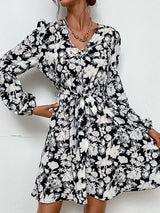 Women's Floral Print Long-sleeve Fit Waist Tie And Flare Dress