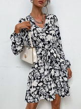 Women's Floral Print Long-sleeve Fit Waist Tie And Flare Dress