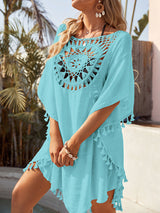 Sexy off-shoulder hollow loose tassel bikini with ins wind and beach blouse