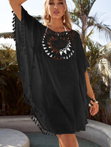 Sexy off-shoulder hollow loose tassel bikini with ins wind and beach blouse