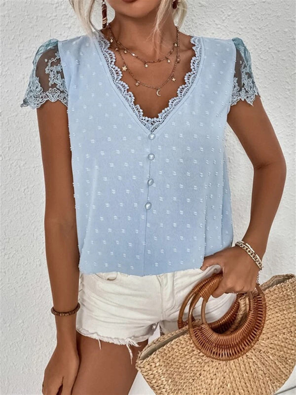 Summer new V-neck chiffon lace shirt