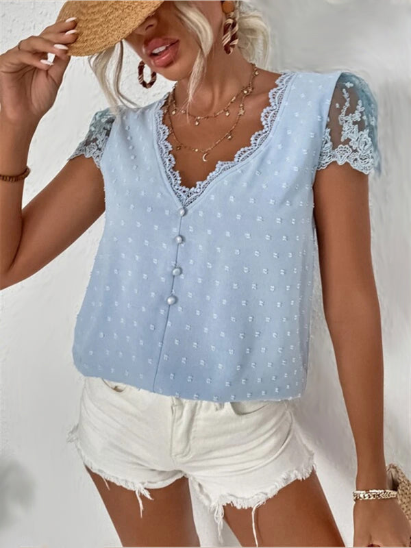 Summer new V-neck chiffon lace shirt