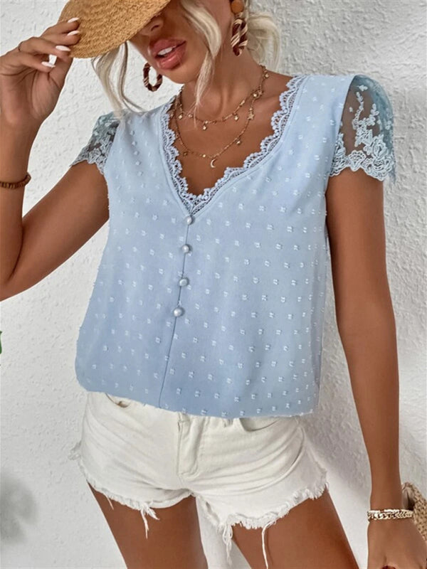 Summer new V-neck chiffon lace shirt