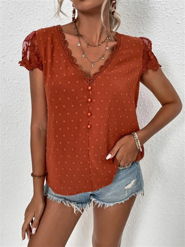 Summer new V-neck chiffon lace shirt