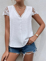 Summer new V-neck chiffon lace shirt