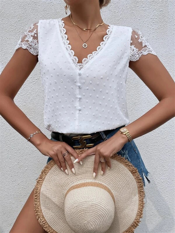 Summer new V-neck chiffon lace shirt