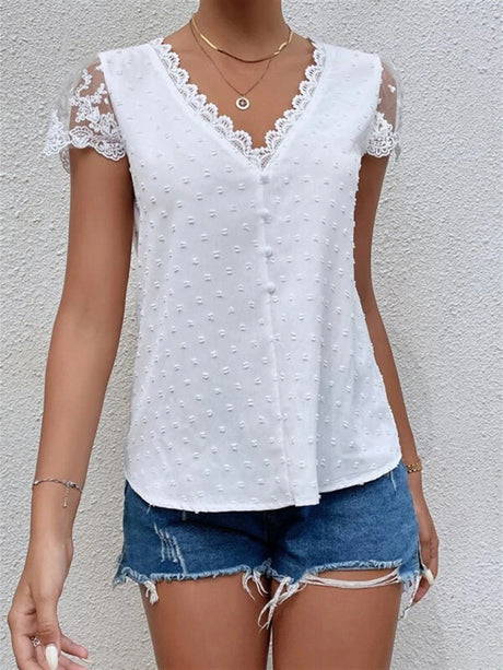 Summer new V-neck chiffon lace shirt