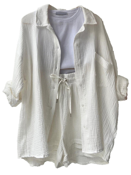 Women's Solid Color Lightweight Pleated Pattern Point Collar Button-up Top Matching Short Set