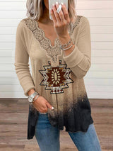 Women's Knitted Casual Western Print Lace Top