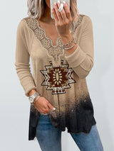 Women's Knitted Casual Western Print Lace Top