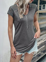 Women's solid color round neck zipper stitching lace short-sleeved T-shirt