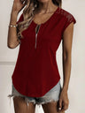 Women's solid color round neck zipper stitching lace short-sleeved T-shirt
