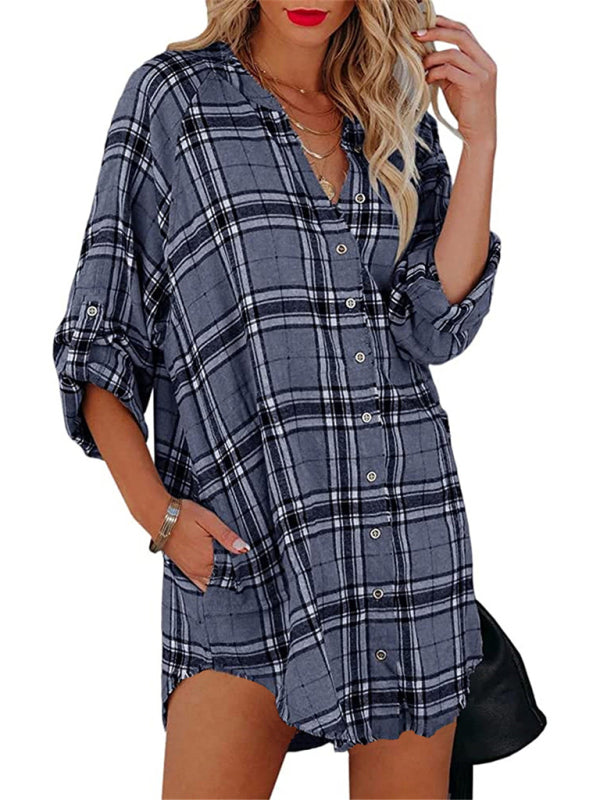 Women's plaid V-neck long-sleeved shirt dress