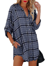 Women's plaid V-neck long-sleeved shirt dress