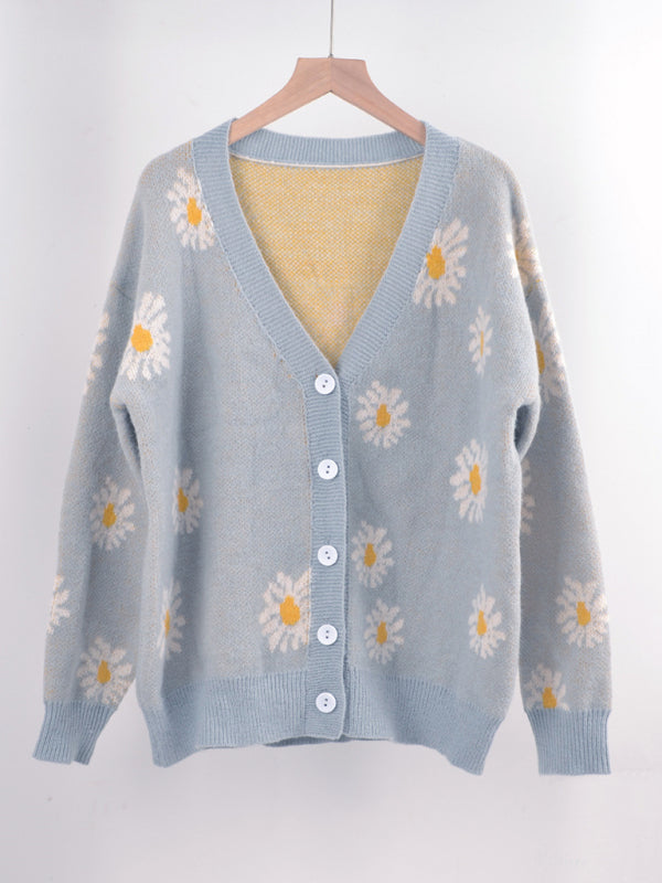 Printed knitted sweater coat sweater cardigan daisy sweater