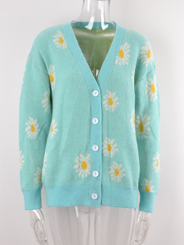 Printed knitted sweater coat sweater cardigan daisy sweater