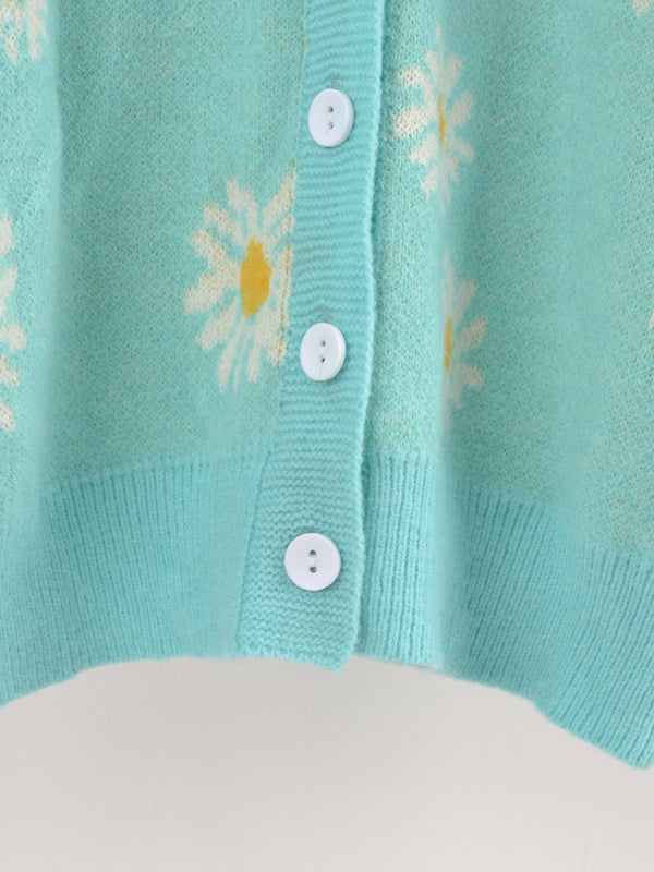 Printed knitted sweater coat sweater cardigan daisy sweater