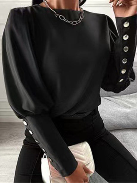 Women's Solid Elegant Button Balloon Sleeve Crew Neck Top