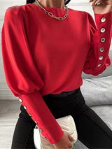 Women's Solid Elegant Button Balloon Sleeve Crew Neck Top