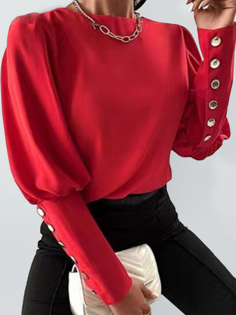 Women's Solid Elegant Button Balloon Sleeve Crew Neck Top