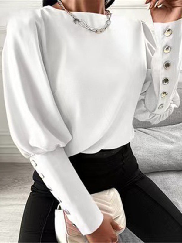 Women's Solid Elegant Button Balloon Sleeve Crew Neck Top